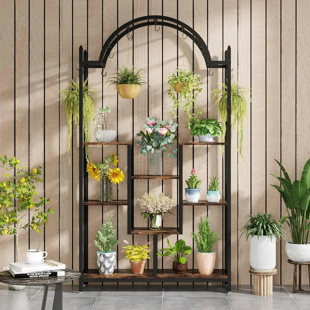 5 Tier Plant Stand with Arched Metal Lower Shelf and Hanging Hooks - Image 8