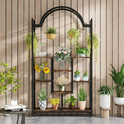 5 Tier Plant Stand with Arched Metal Lower Shelf and Hanging Hooks - Image 8