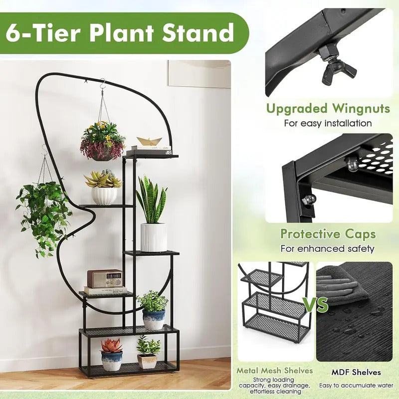 6 Tier Metal Plant Stand with 4 Hanging Hooks Close Up