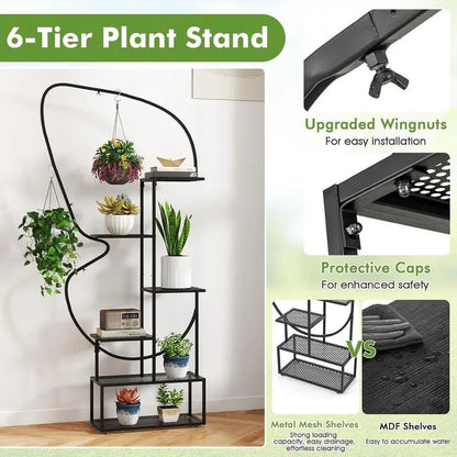 6 Tier Metal Plant Stand with 4 Hanging Hooks Close Up