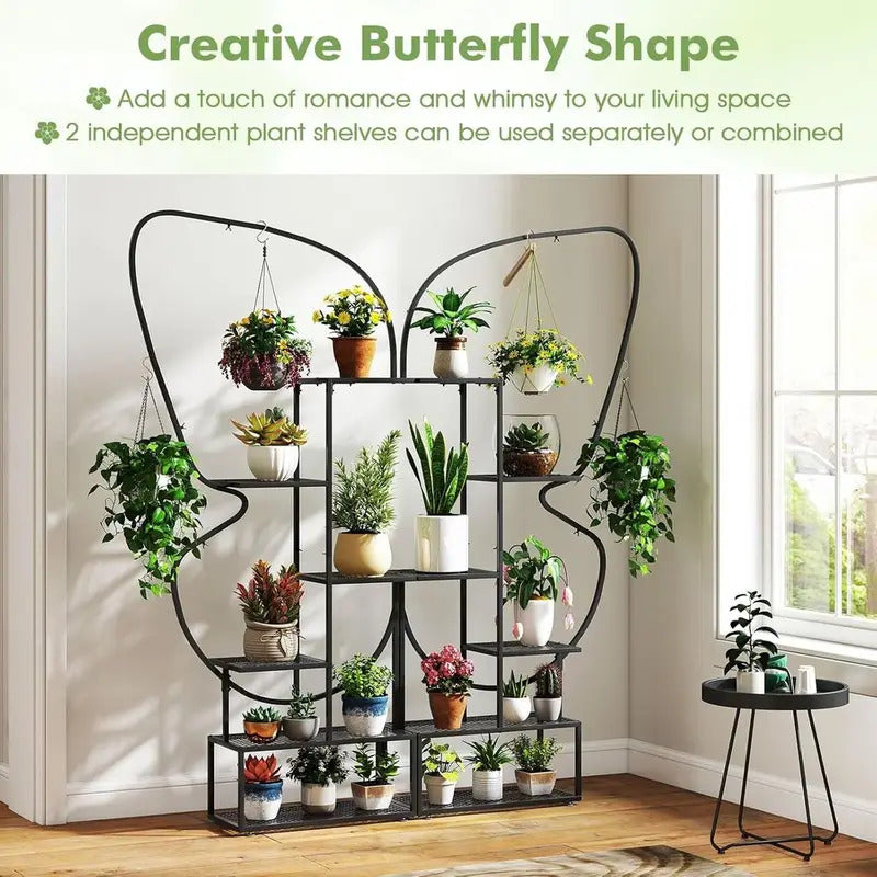 6 Tier Metal Plant Stand with 4 Hanging Hooks Angle View