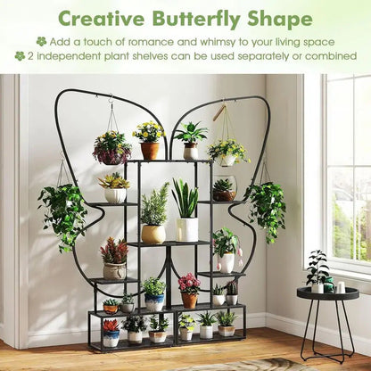 6 Tier Metal Plant Stand with 4 Hanging Hooks Angle View