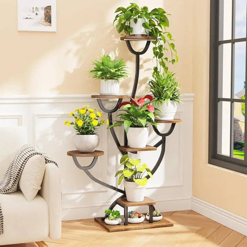 7 Tier Plant Stand Metal Wood Display Shelves for Living Room - Image 4