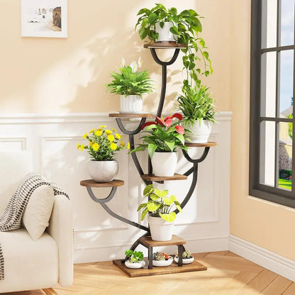 7 Tier Plant Stand Metal Wood Display Shelves for Living Room - Image 4