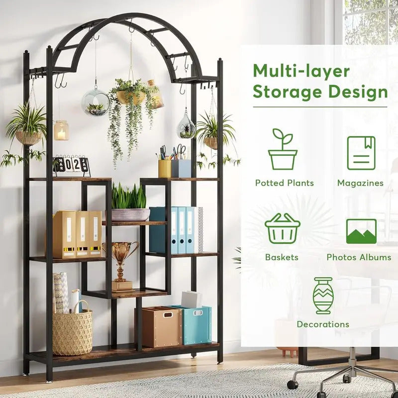 5 Tier Plant Stand with Arched Metal Lower Shelf and Hanging Hooks - Image 5
