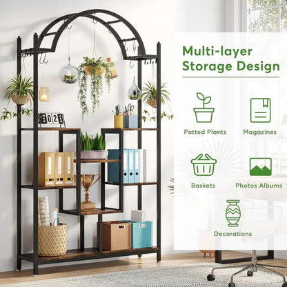 5 Tier Plant Stand with Arched Metal Lower Shelf and Hanging Hooks - Image 5