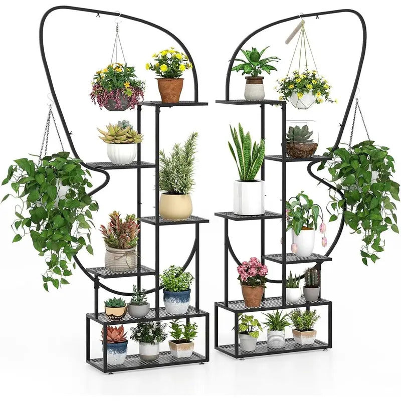 6 Tier Metal Plant Stand with 4 Hanging Hooks Side View