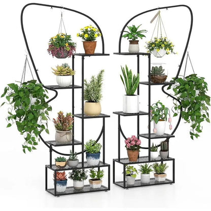 6 Tier Metal Plant Stand with 4 Hanging Hooks Side View