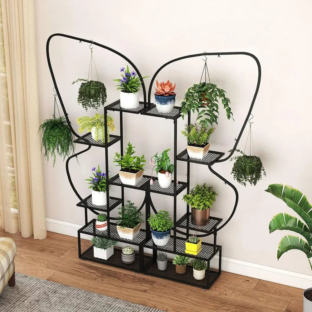 6 Tier Metal Plant Stand with 4 Hanging Hooks with Plants