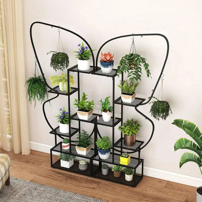 6 Tier Metal Plant Stand with 4 Hanging Hooks with Plants