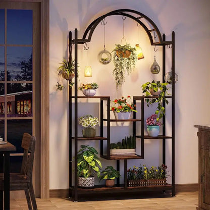 5 Tier Plant Stand with Arched Metal Lower Shelf and Hanging Hooks - Image 3