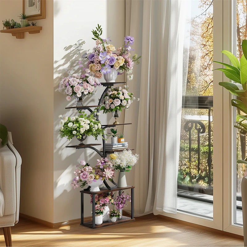 7 Tier Tree Shaped Plant Stand for Patio with Plants