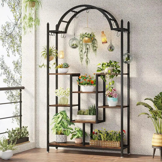 5 Tier Plant Stand with Arched Metal Lower Shelf and Hanging Hooks - Image 1