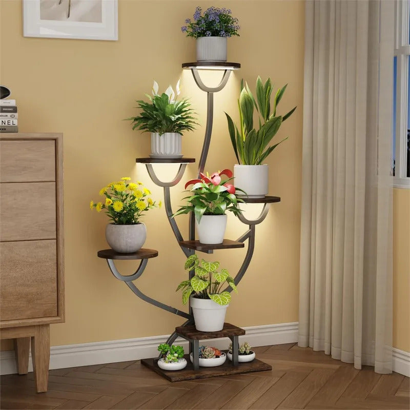 7 Tier Plant Stand Metal Wood Display Shelves for Living Room - Image 1
