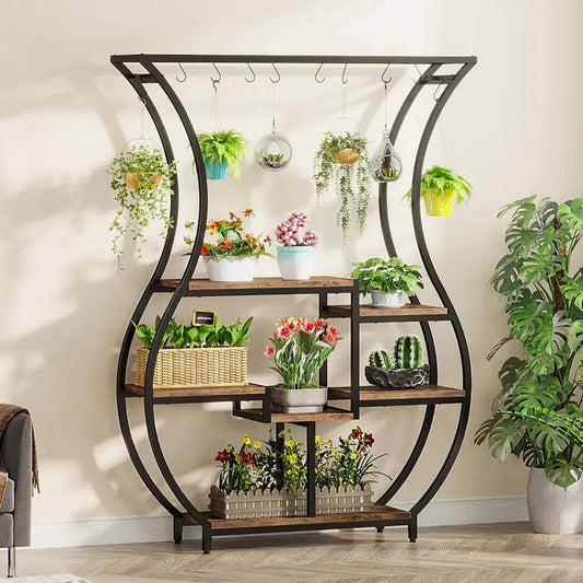 6 Tier Plant Stand Vase Shaped Plant Stand 10 Hanging Hooks - Image 1