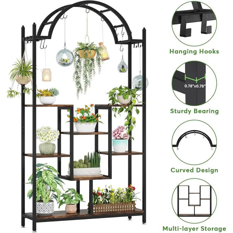 5 Tier Plant Stand with Arched Metal Lower Shelf and Hanging Hooks - Image 6