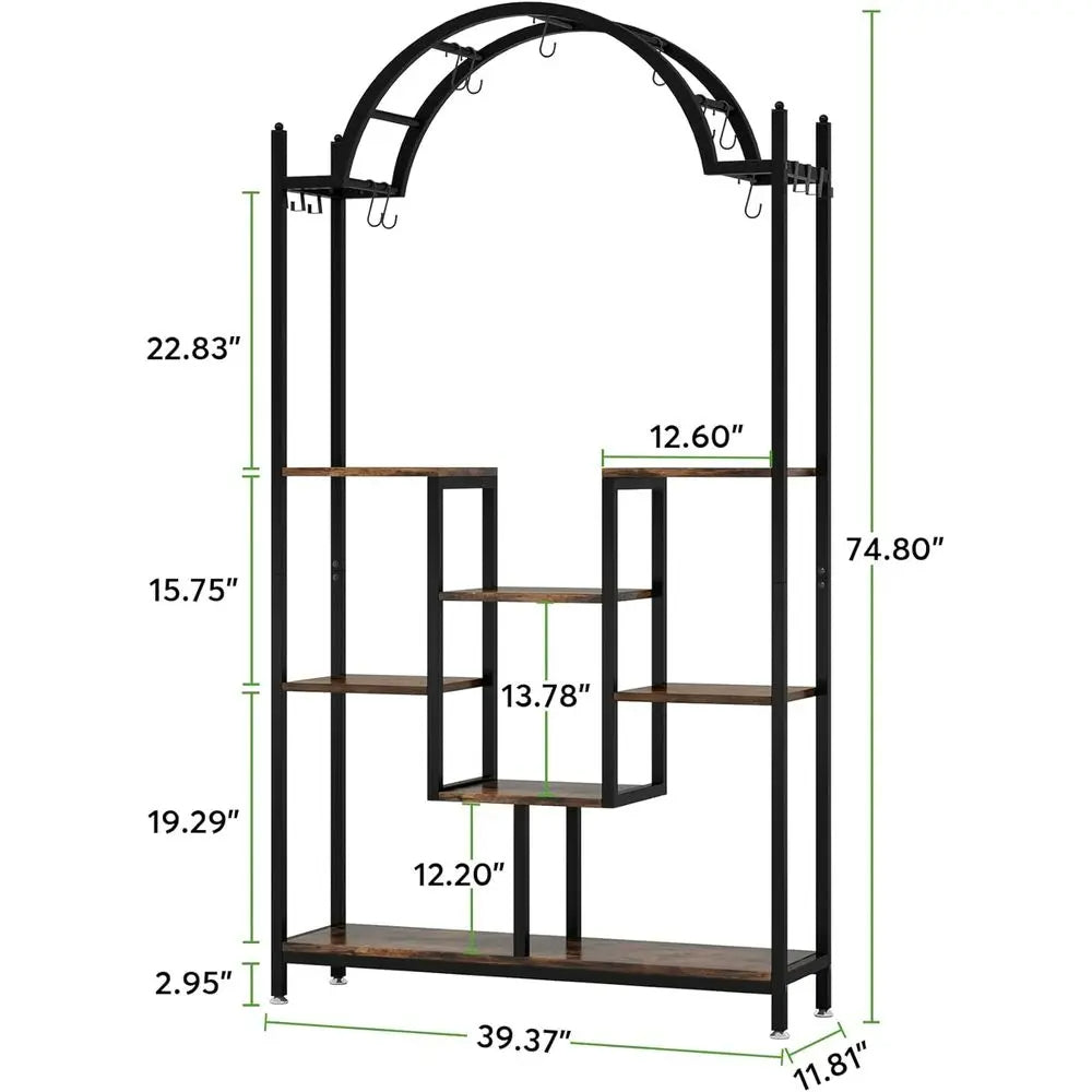 5 Tier Plant Stand with Arched Metal Lower Shelf and Hanging Hooks - Image 7