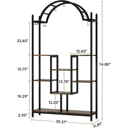 5 Tier Plant Stand with Arched Metal Lower Shelf and Hanging Hooks - Image 7