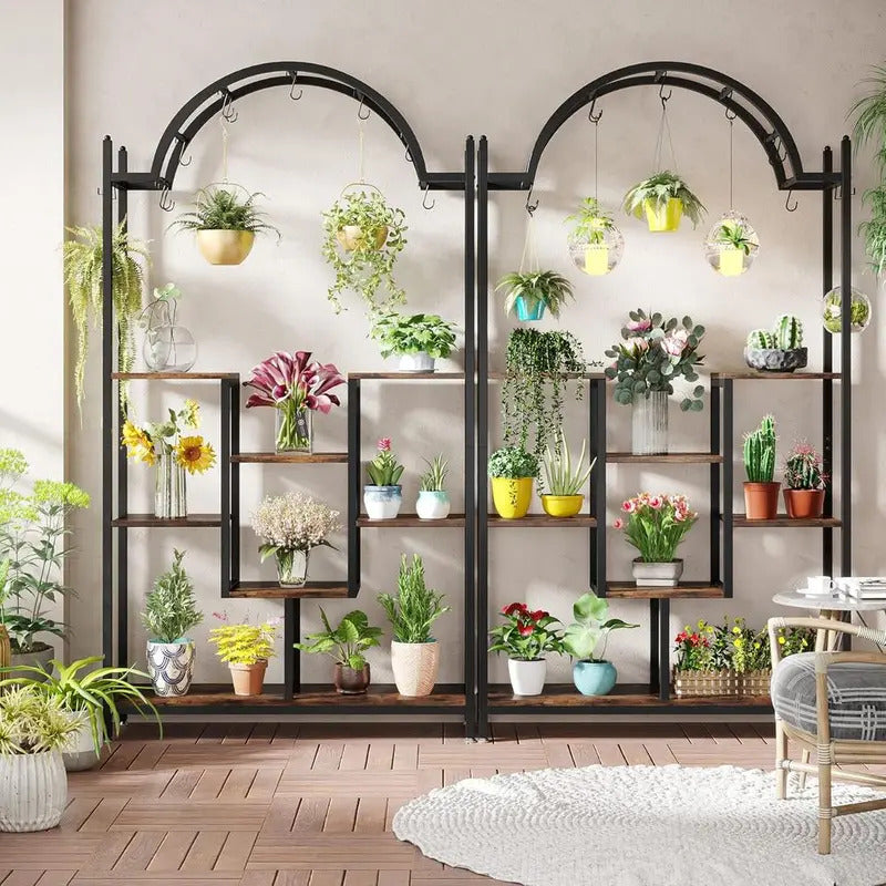 5 Tier Plant Stand with Arched Metal Lower Shelf and Hanging Hooks - Image 2