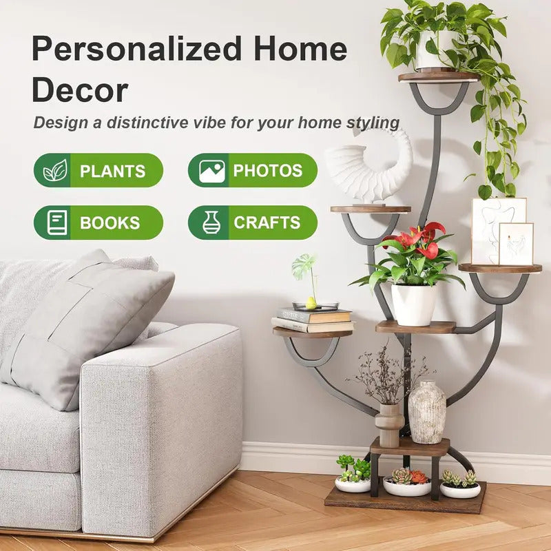 7 Tier Plant Stand Metal Wood Display Shelves for Living Room - Image 6