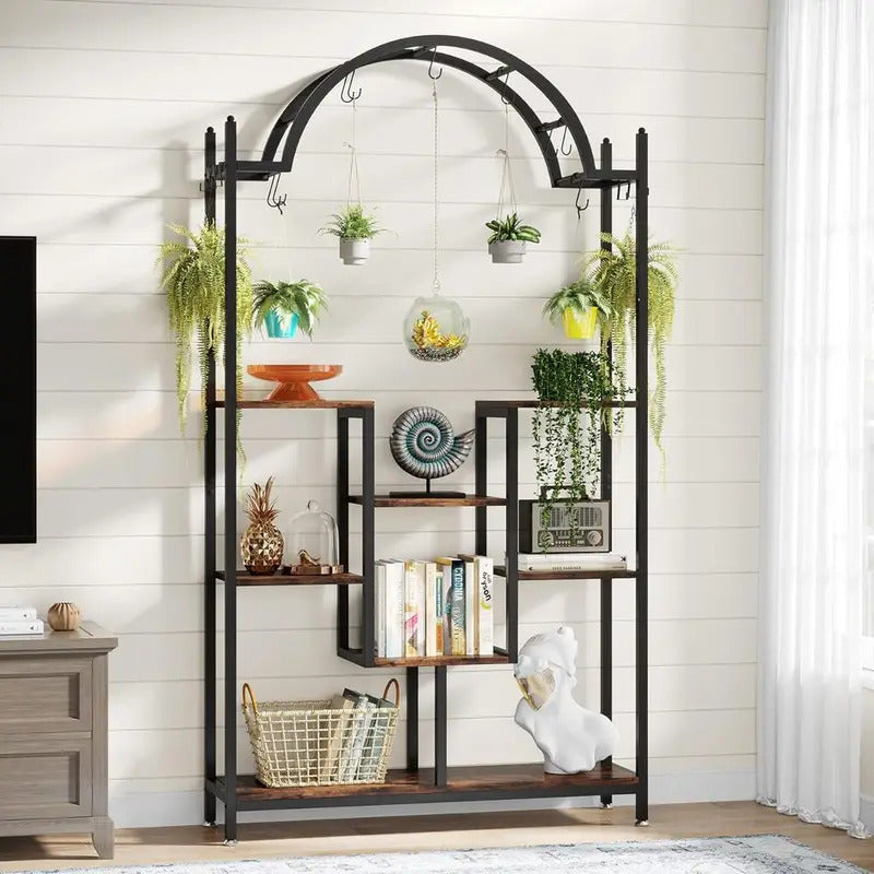 5 Tier Plant Stand with Arched Metal Lower Shelf and Hanging Hooks - Image 4