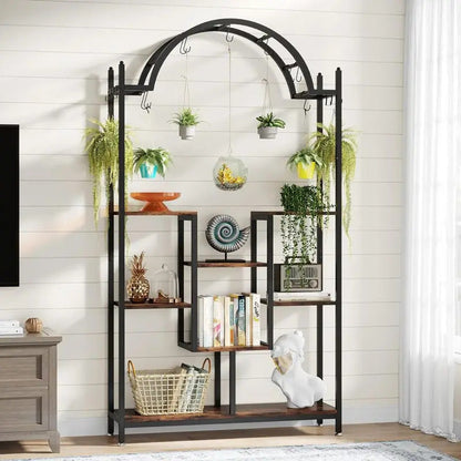 5 Tier Plant Stand with Arched Metal Lower Shelf and Hanging Hooks - Image 4